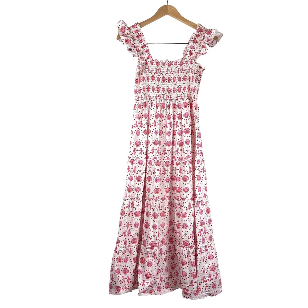 Hill House Home Ellie Nap Dress XS Pink White Mermaid Shell Print Smocked Midi